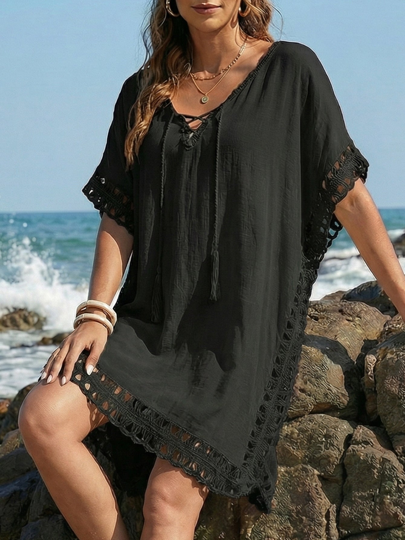 Women Dress Women Clothing Hand Crocheting Stitching Tied Loose Beach Beach Cover Up