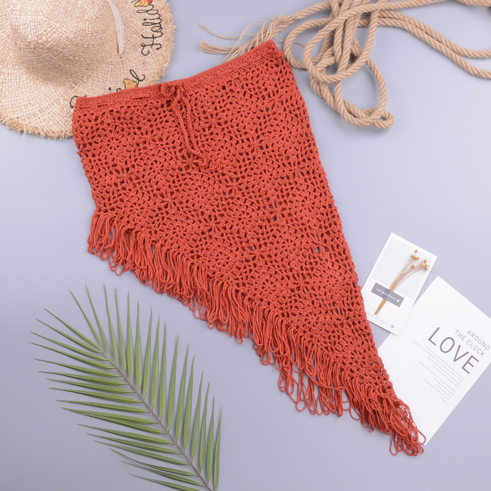 Spring Summer Women Clothing Sexy See-through Hollow Out Cutout Knitted Dress Open Oblique Tassel Beach Skirt