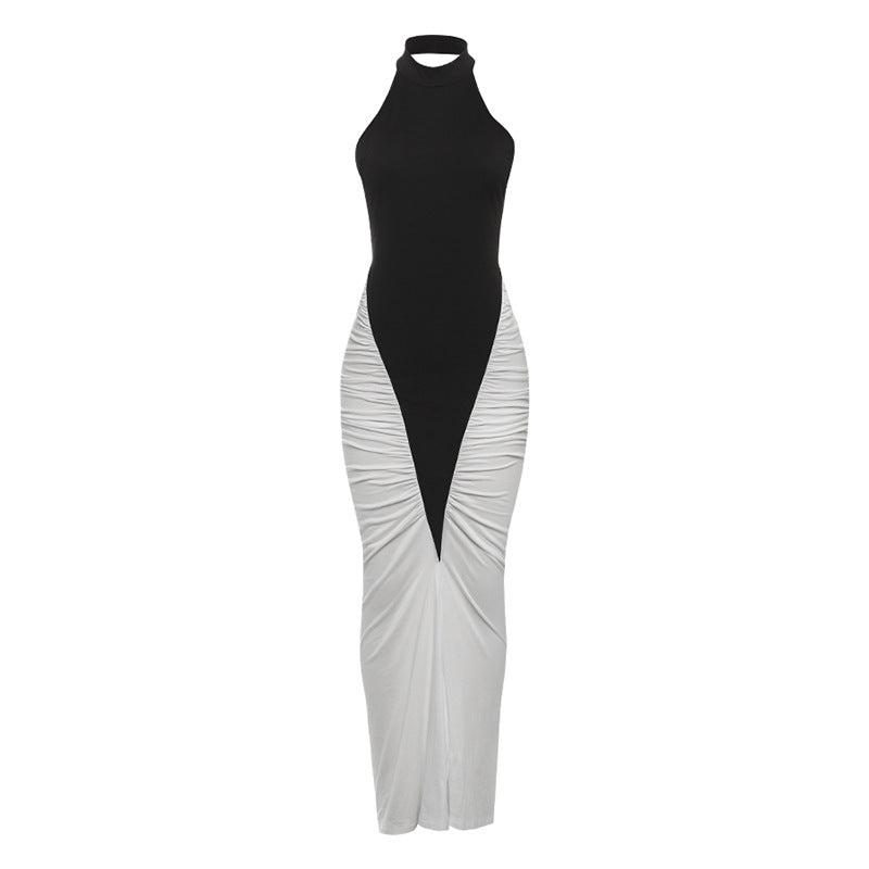 Summer Women Clothing Sexy Halter Backless Pleated Contrast Color Slim Fit Sheath Dress