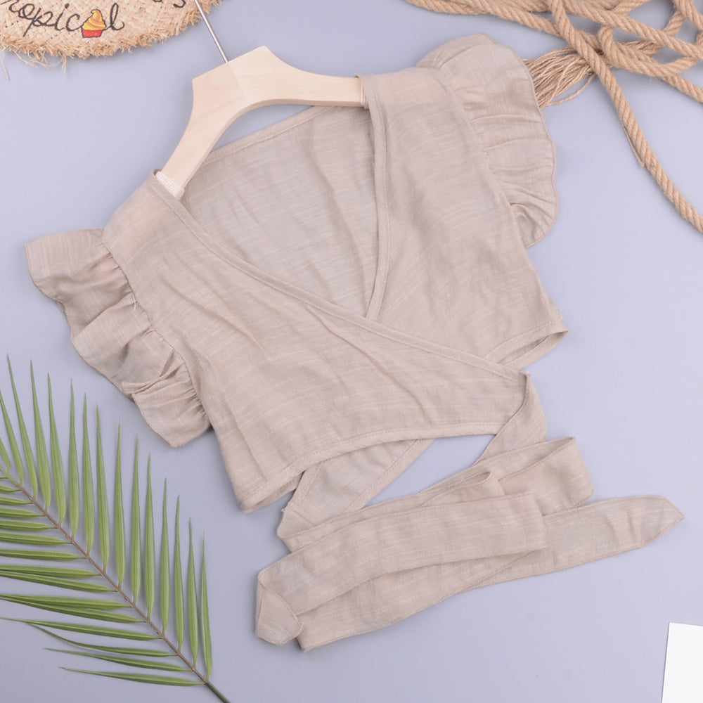 Sexy Vacation Beach Cross Cardigan Modern Avant Garde Solid Color Slubbed Fabric Women Tops
