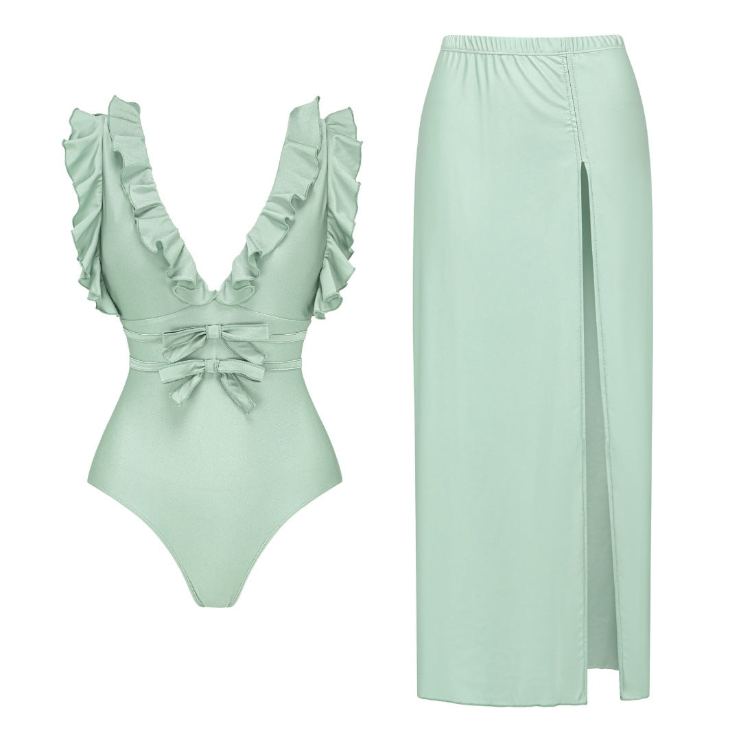 Women Swimsuit Solid Color Bow Decoration One Piece Swimsuit Set