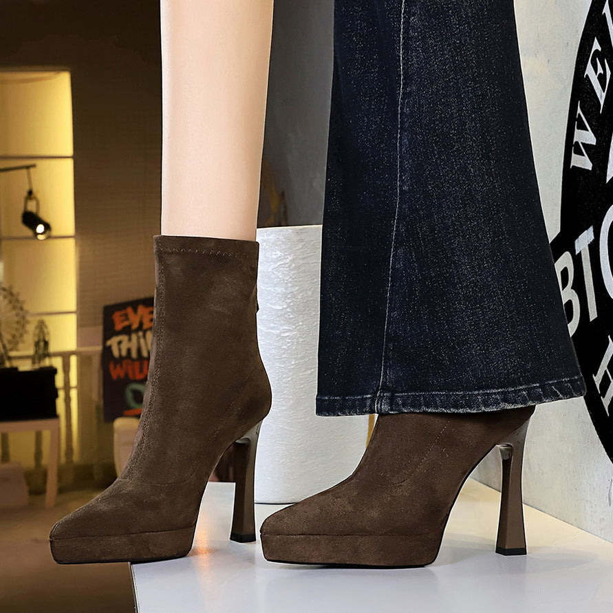 Chunky Heel High Heel Waterproof Platform Boots Women Pointed Toe Suede Stretch Single Boots Skinny Boots Nice Looking Short Boots