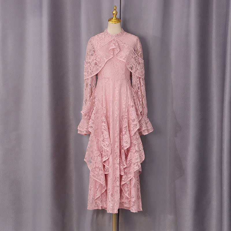 Summer Elegant Retro Cocktail Beaded Lace Bell Sleeve Dress Women
