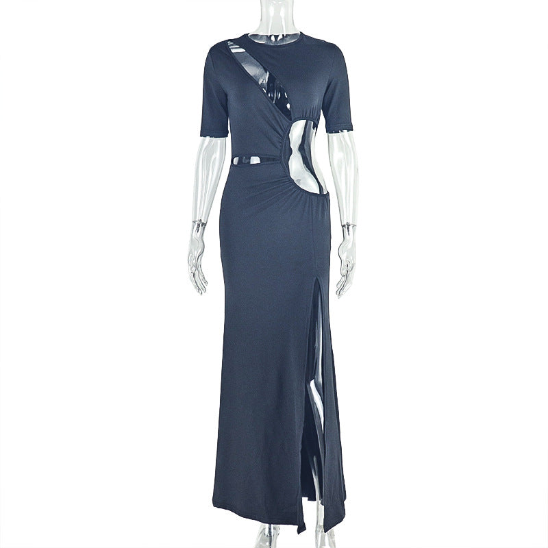 Elegant Women Clothing Hollowed out Split Socialite Asymmetric Dress round Neck Solid Color Pleated Dress