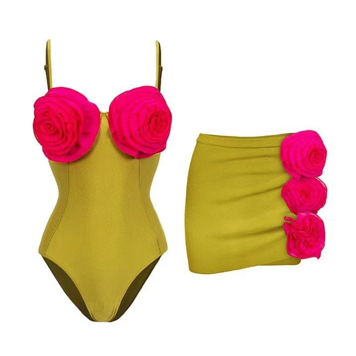 French One Piece Solid Color Women Swimsuit Solid Color Sexy Floral Short Skirt Swimsuit Women Bikini