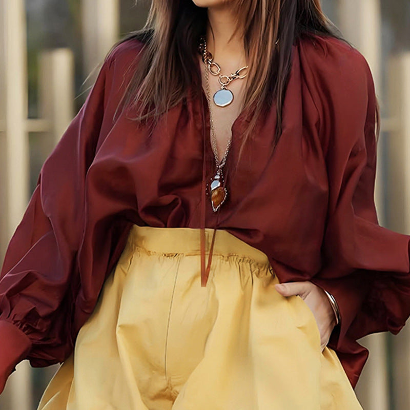 Autumn Ladies Loose Solid Color V neck Long Sleeve Casual Top