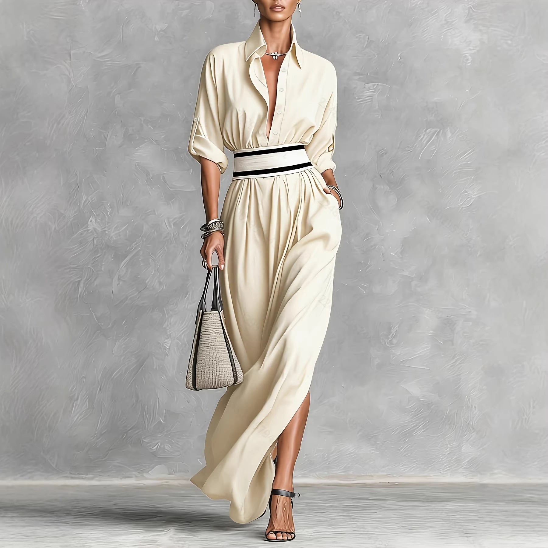 Women Clothing Draping Effect High Slit Maxi Dress Lapels Single Breasted Long Sleeve Dress