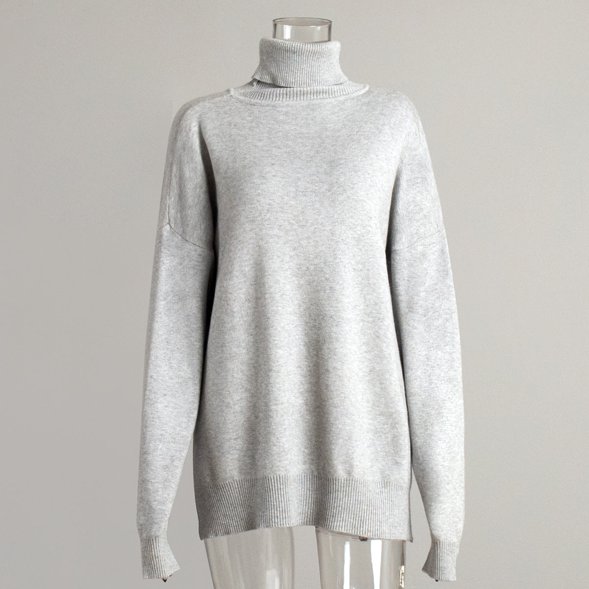 Turtleneck Sweater Women Autumn Winter Casual Sweater Slit Loose Solid Color Knitted Sweater
