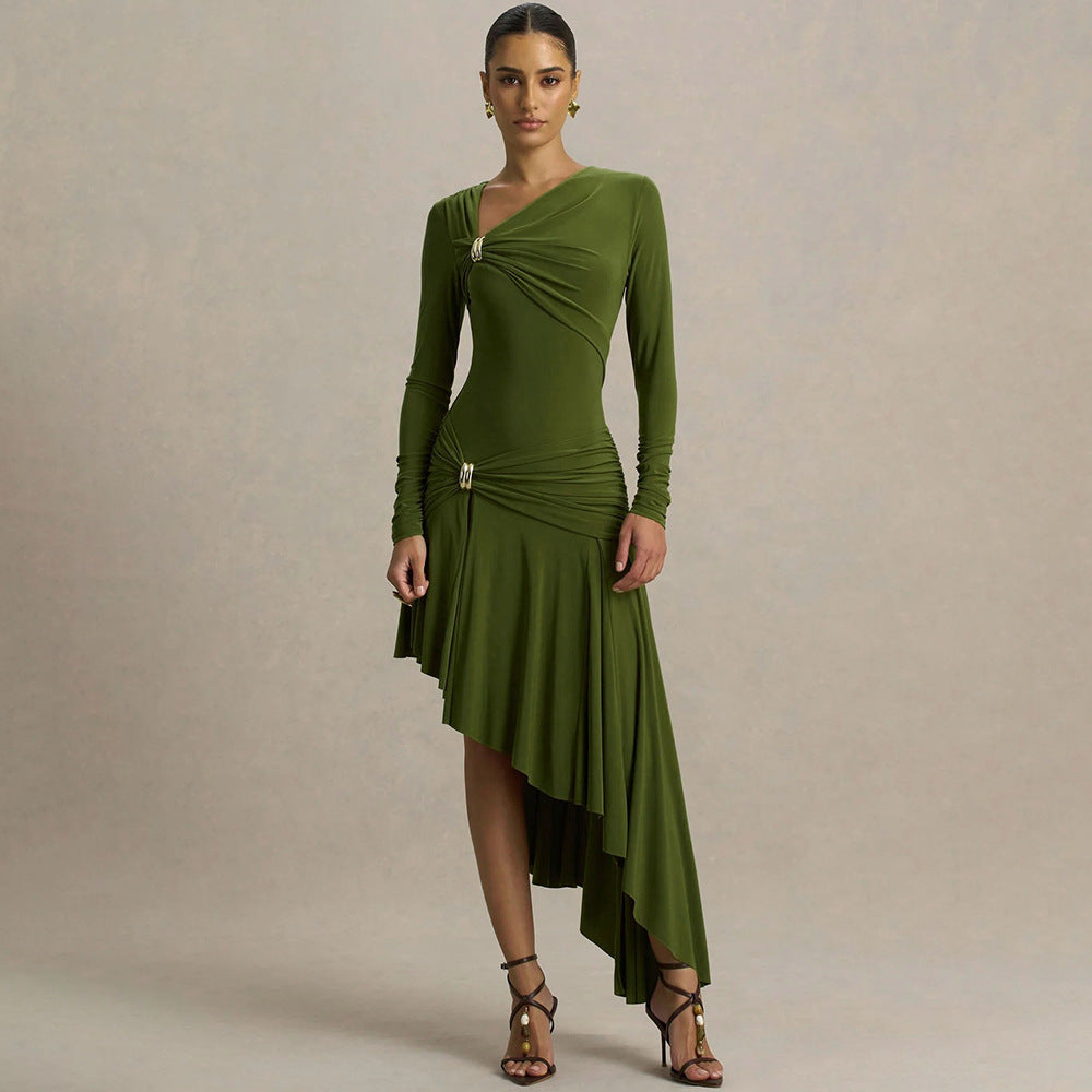 Autumn Winter Graceful Fashionable Women Slim Dress Sexy Pleated Irregular Asymmetric Maxi Dress
