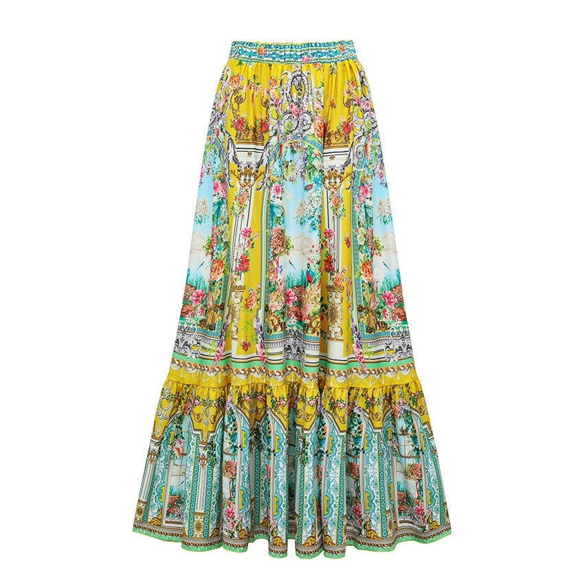 Swimsuit Bright Yellow Garden Print Vacation Swimsuit Women Long Skirt