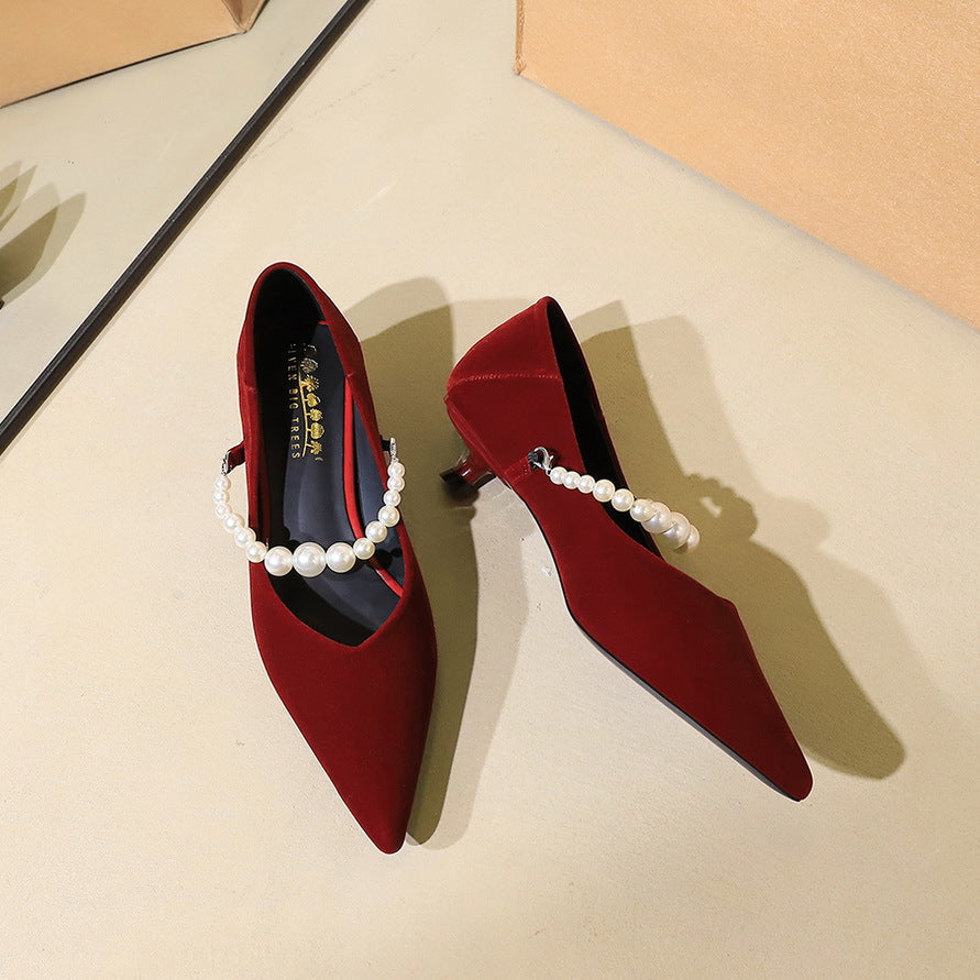 French Pointed Toe Mary Jane Shoes Women Ankle Strap Stilettos Pearl All Match Suede Small Single Layer Shoes