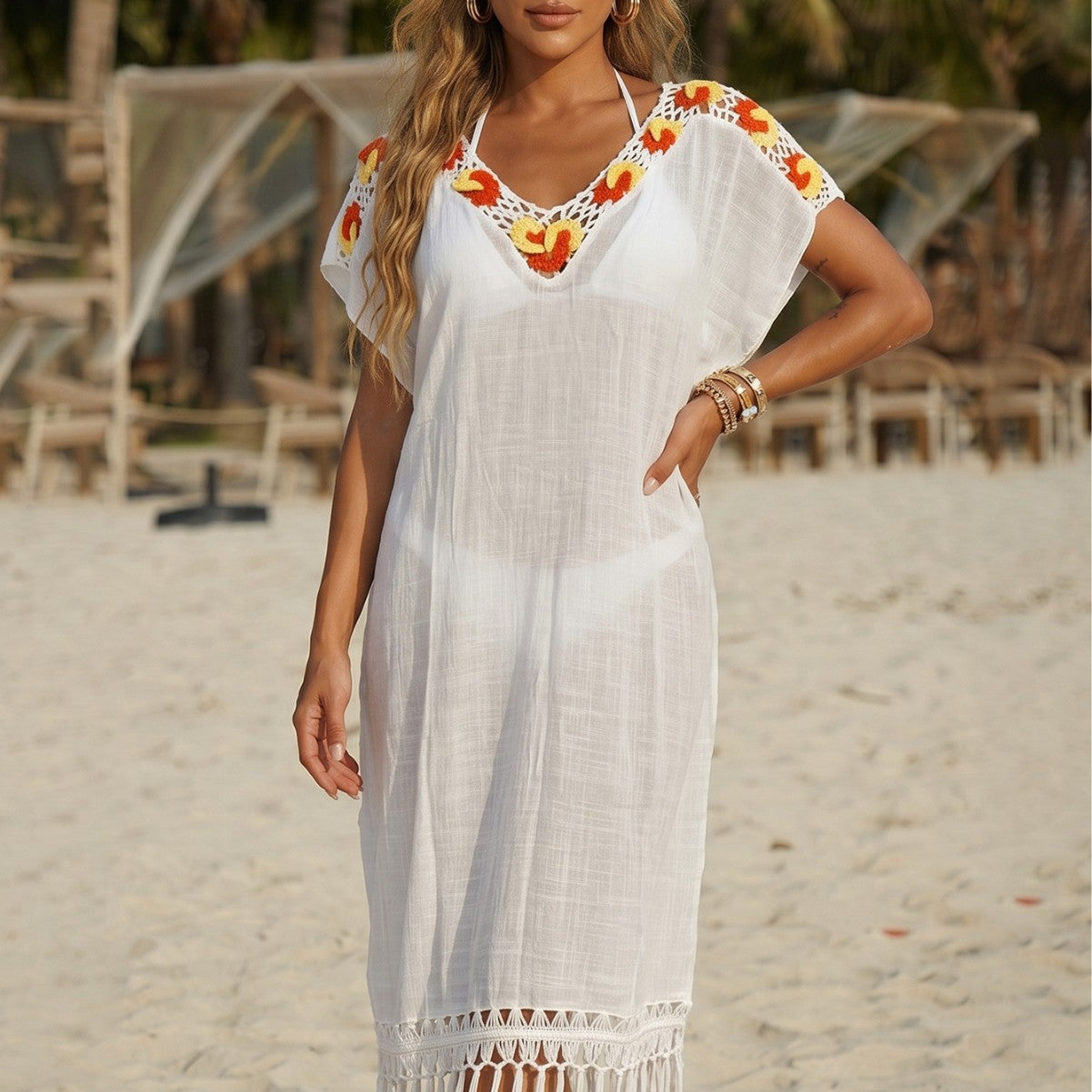 Crochet Stitching Long Fringe Beach Dress Swimsuit Blouse Vacation Dress Simple Dress