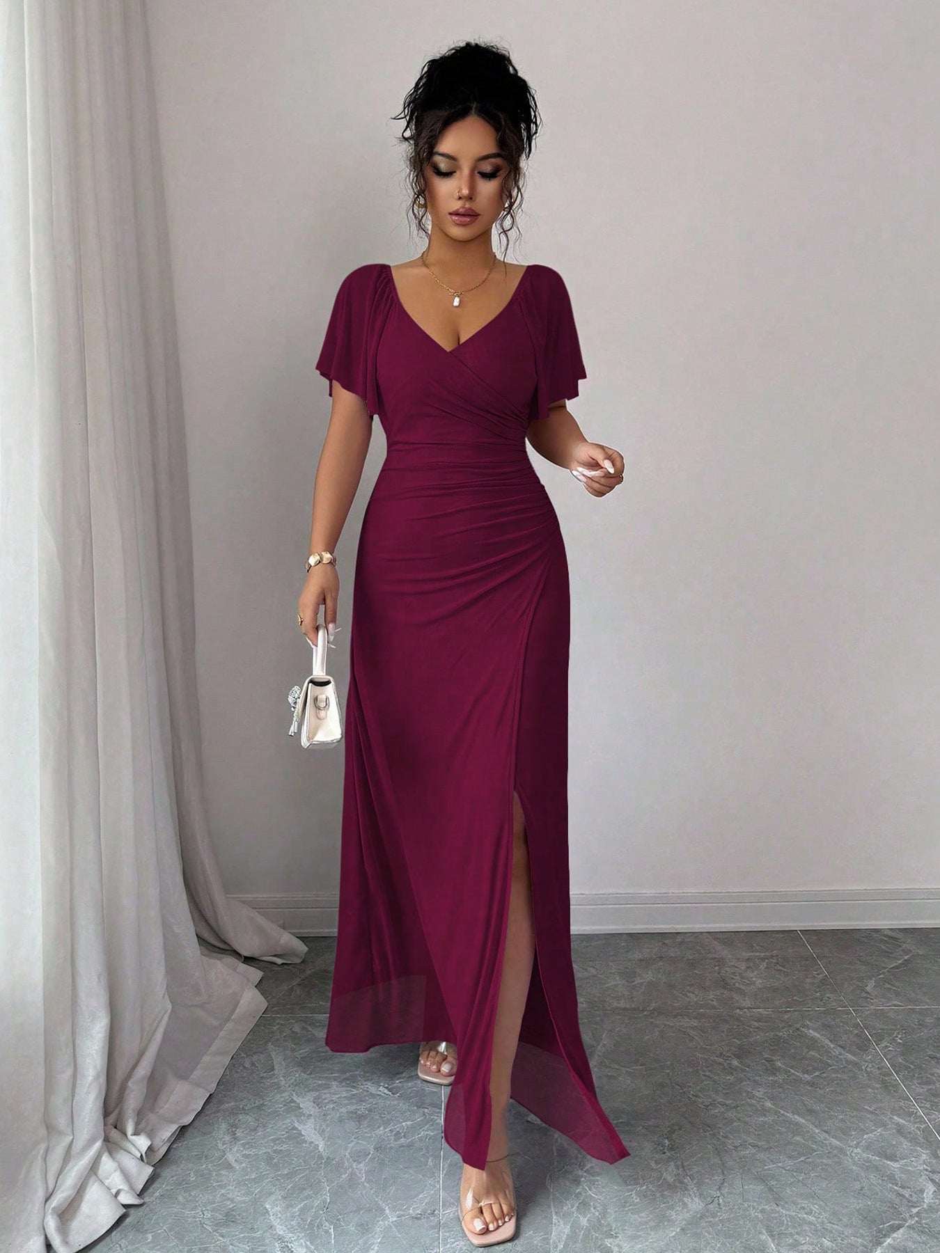 Women Elastic Net V Neck Patchwork Flying Sleeves Slit Evening Dress