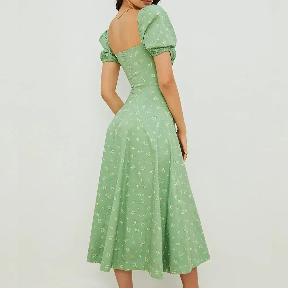 Women's Summer Puff Sleeve Floral Maxi Dress