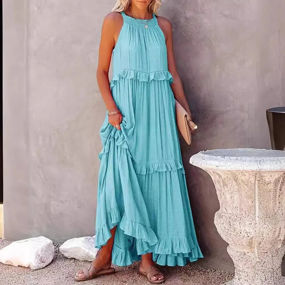 Elegant Apricot Ruffle Maxi Dress