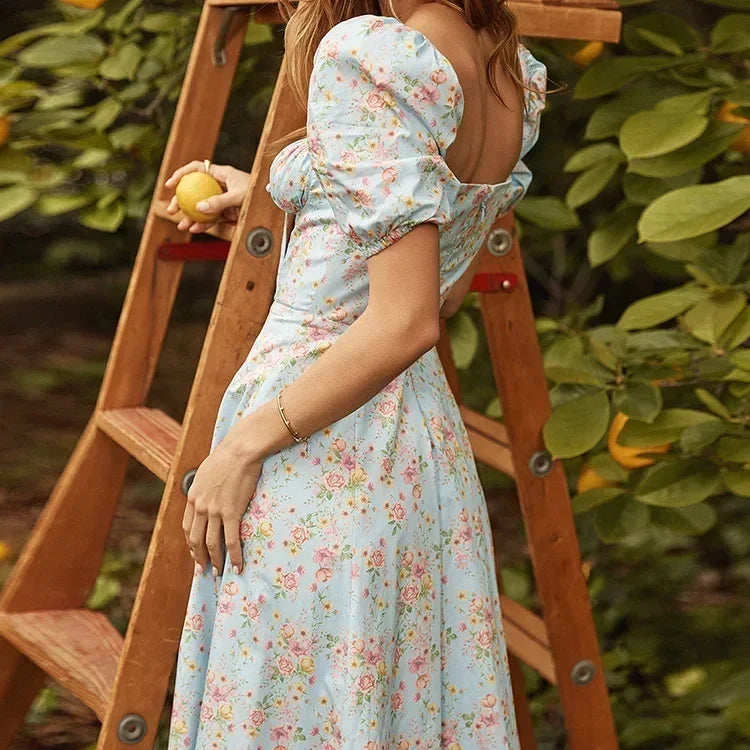 Women's Summer Puff Sleeve Floral Maxi Dress