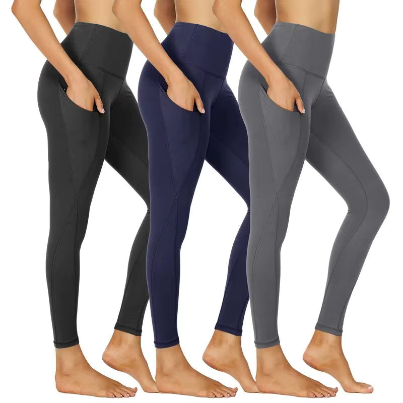 3-Pack High-Waisted Cropped Yoga Pants with Slanted Pockets