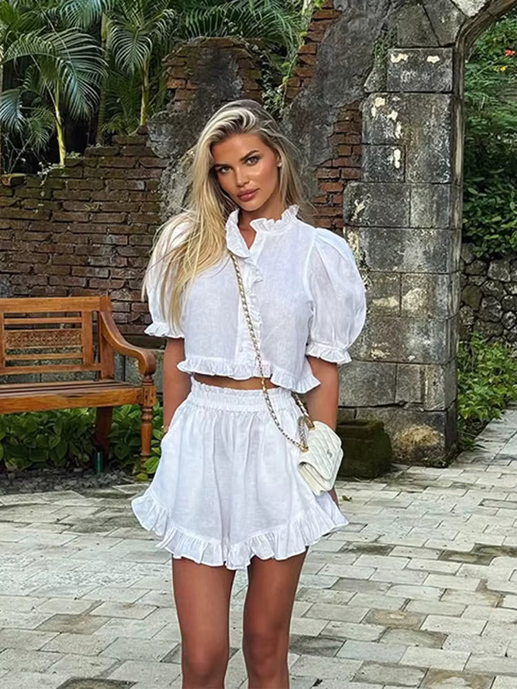 Women's Ruffled Linen-Blend Cropped Blouse & Shorts Set