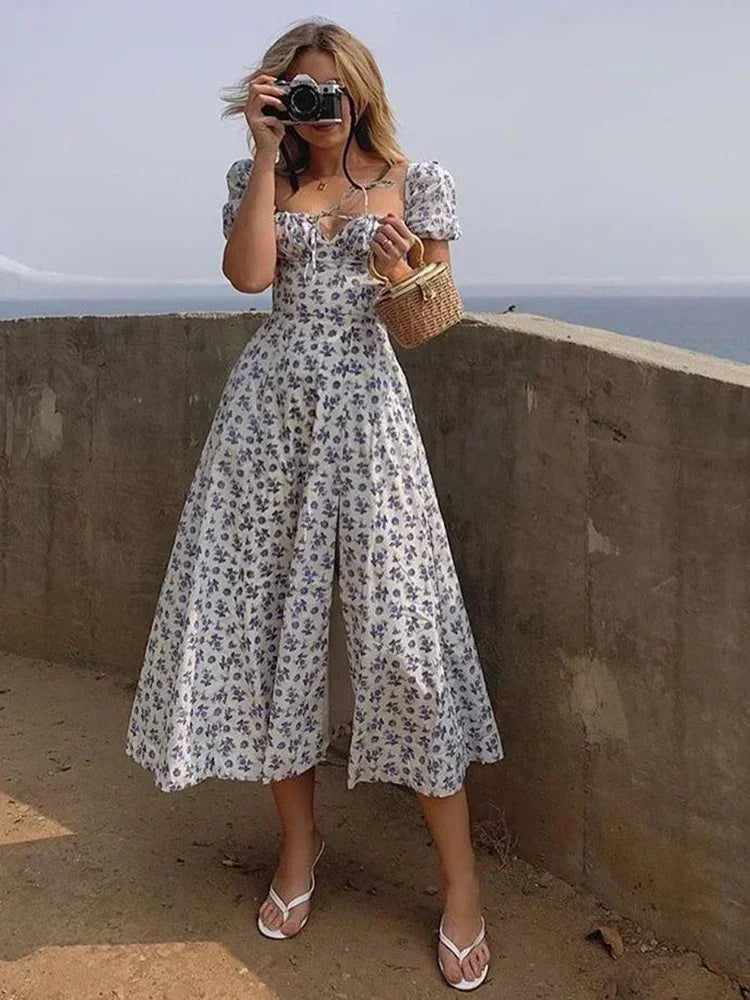 Women's Summer Puff Sleeve Floral Maxi Dress