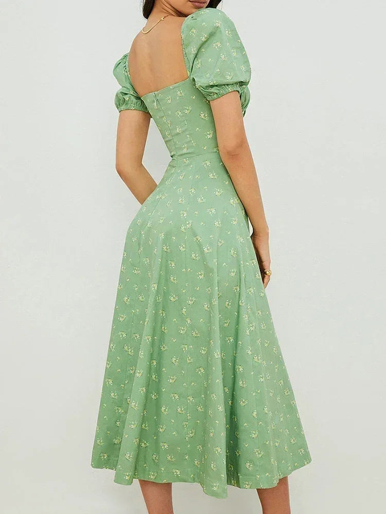 Women's Summer Puff Sleeve Floral Maxi Dress