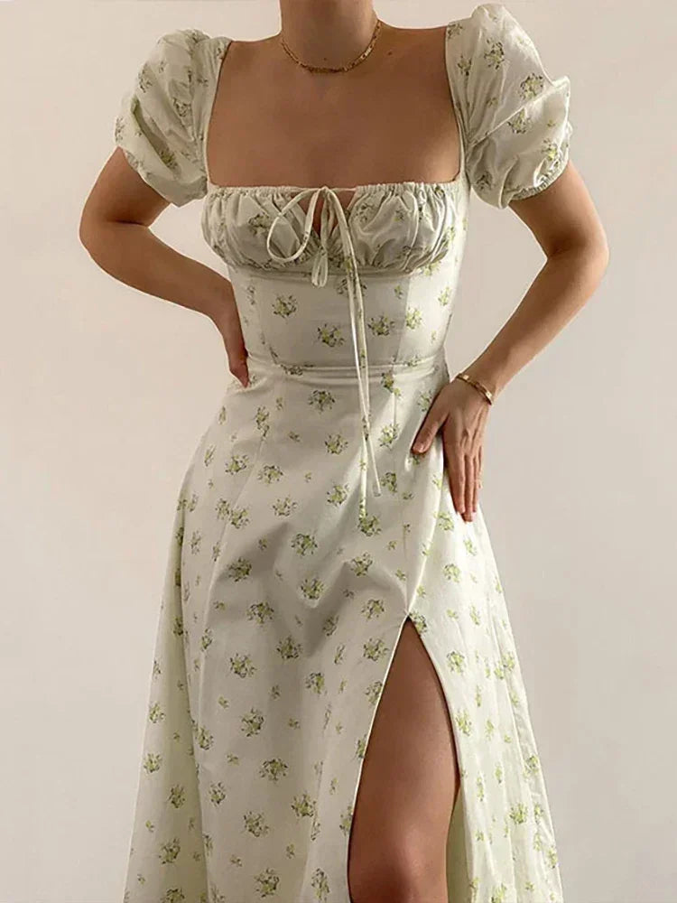 Women's Summer Puff Sleeve Floral Maxi Dress