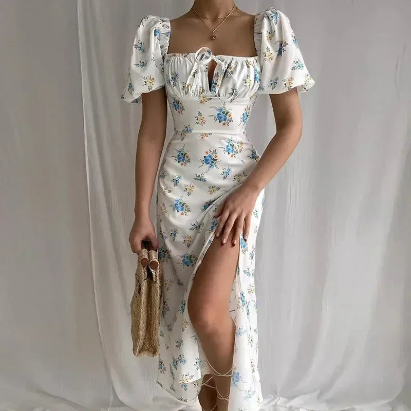 Women's Summer Puff Sleeve Floral Maxi Dress