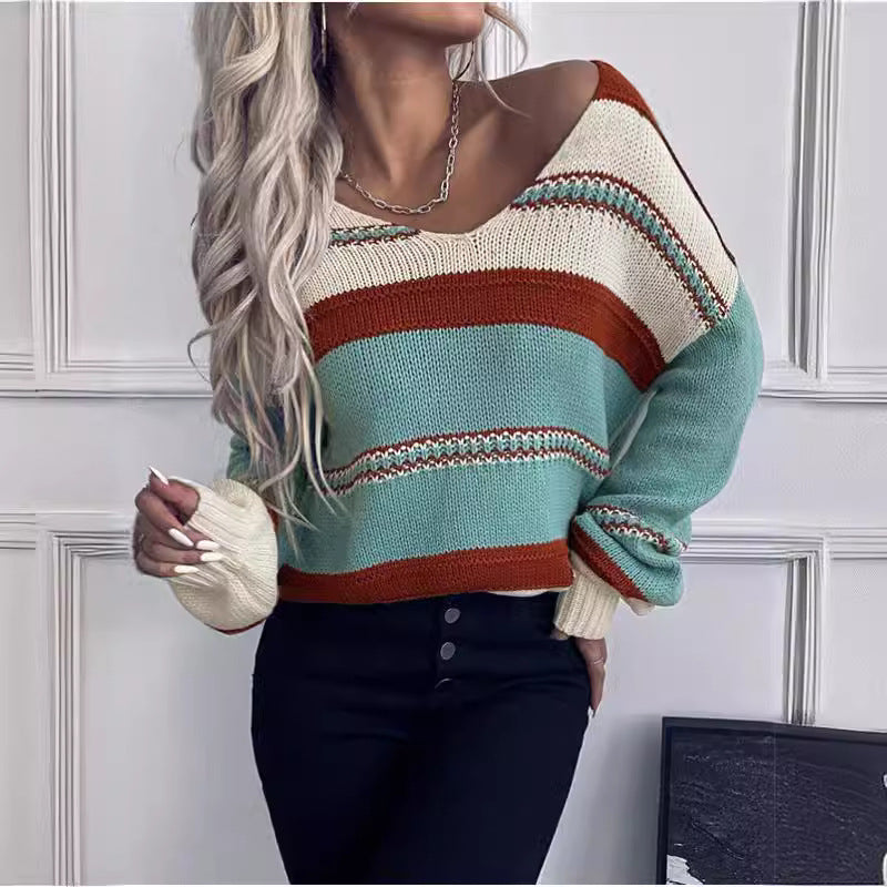 Women's French Vintage Striped Sweater | V-Neck Long Sleeve Stretch Knit