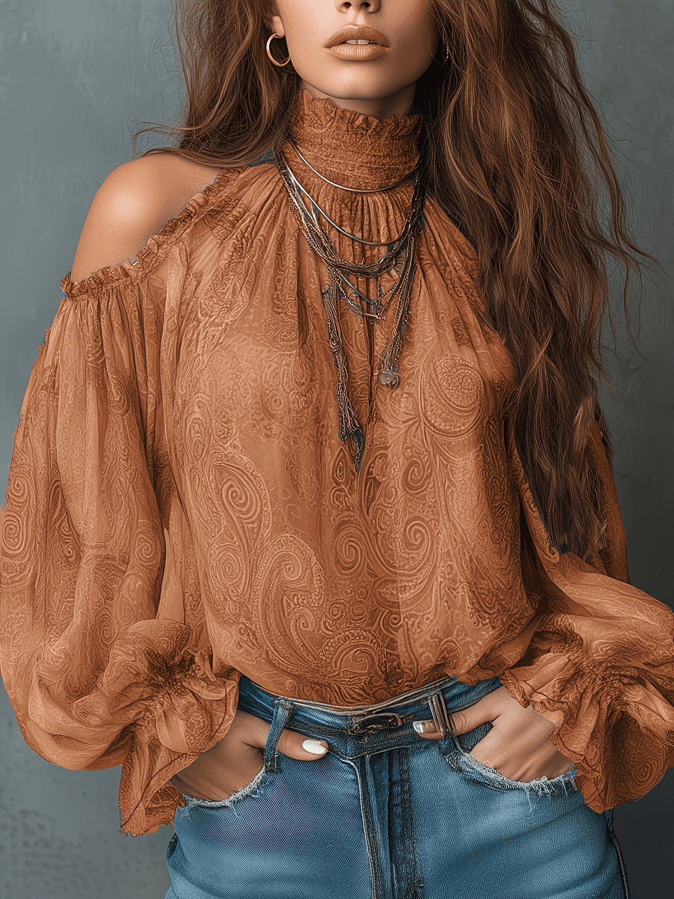 Women's Retro Cashew Print Off-Shoulder Blouse with Lantern Sleeves