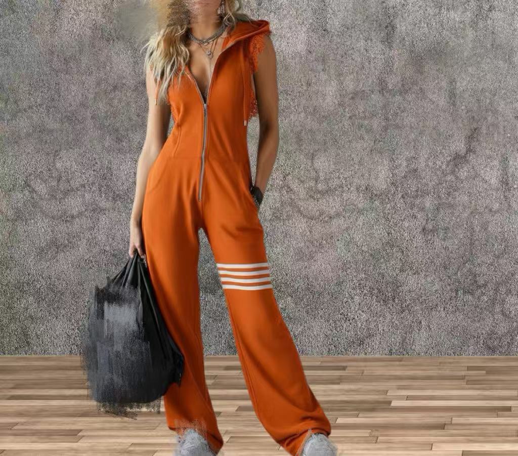 Women's Sporty Retro Lace-Up Striped Sleeveless Hooded Jumpsuit – Wide Flare Leg