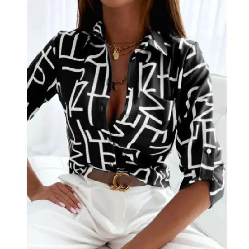 Women’s Printed Long-Sleeve Lapel Shirt | Casual Elegant Blouse