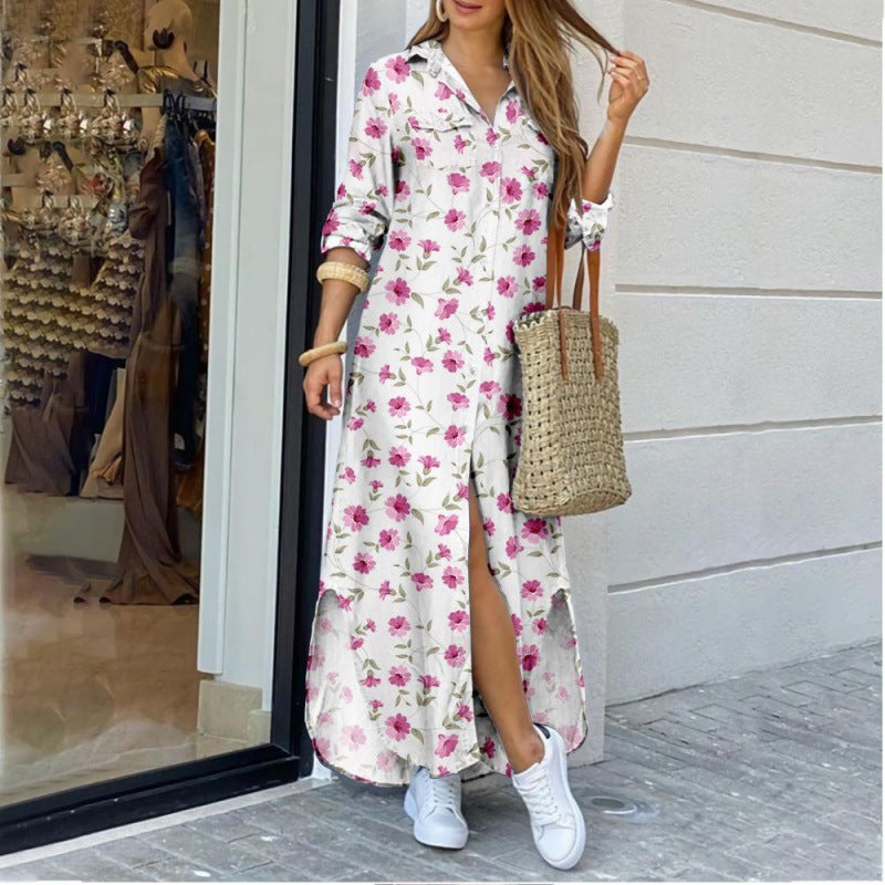 Women's Lapel-Collar Long Shirt Dress – Floral Print Midi Relaxed Fit