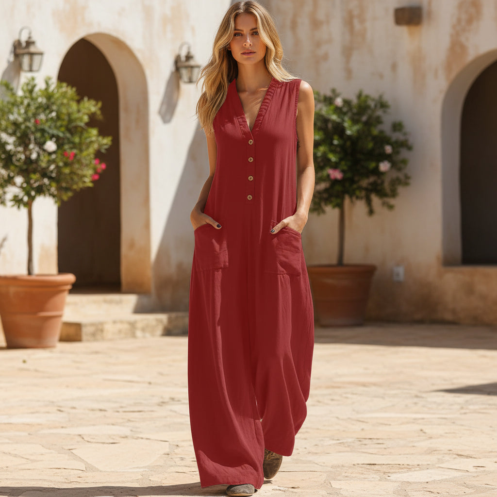 Women's Sleeveless Wide-Leg Jumpsuit with Pockets