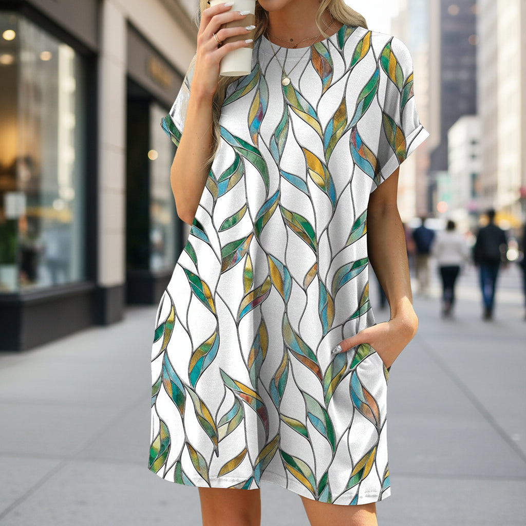 Floral Print Loose Pocket Dress | Round Neck Short Sleeve