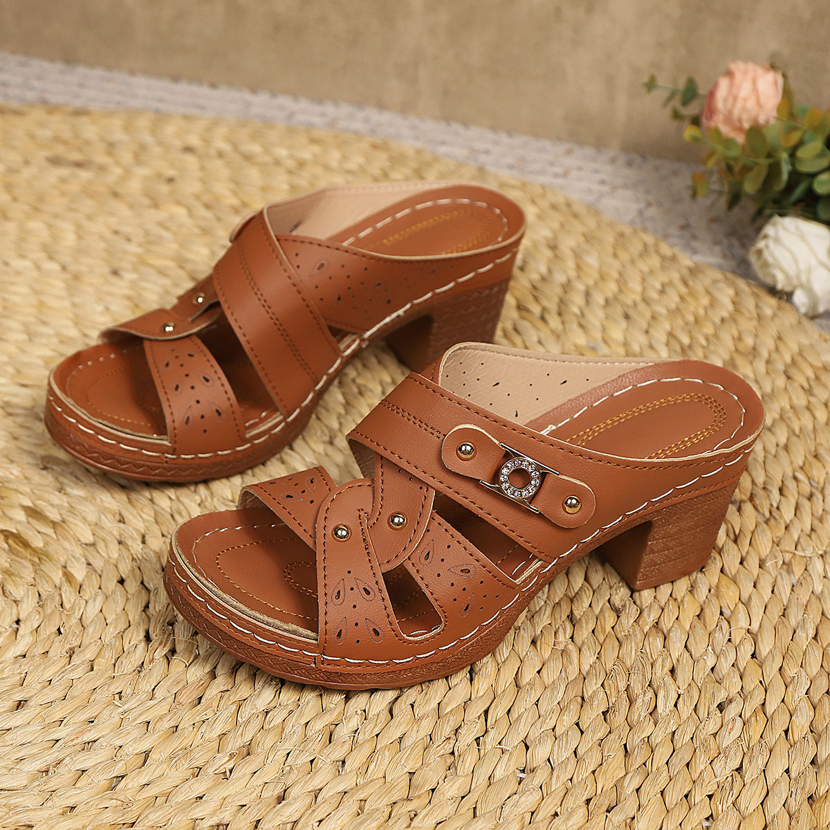 Women's High-Heel Slip-On Sandals – Round Toe Summer Slippers
