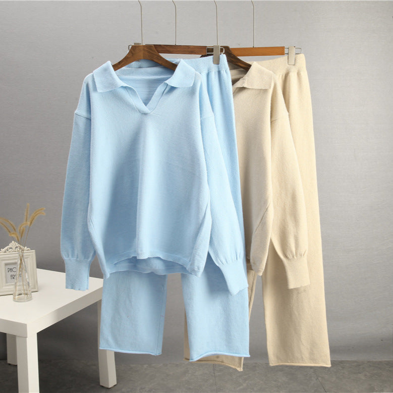 Solid Color Lapel Sweater Set for Women
