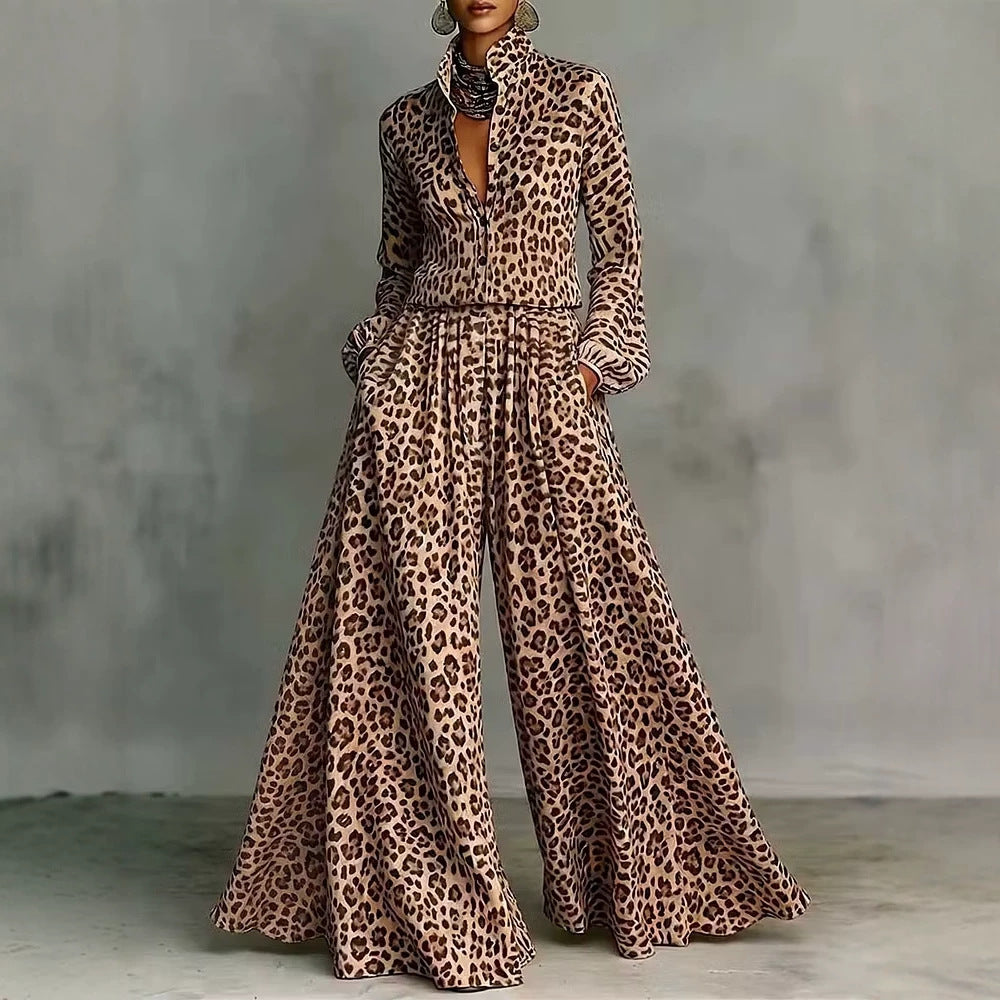 Leopard Print Wide-Leg Pants Set – Women’s Casual Two-Piece
