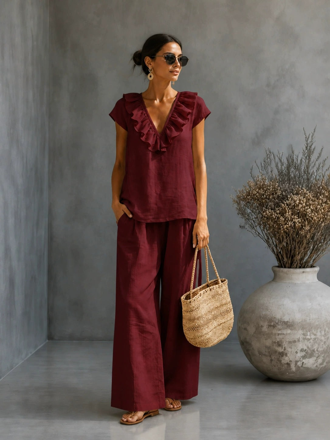 Women's V-Neck Ruffled Hem Top & Wide-Leg Pants Two-Piece Set