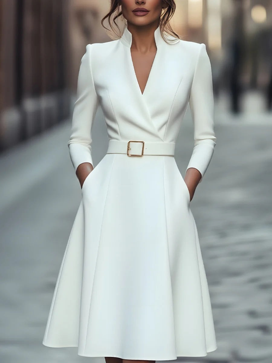 V-Neck Long Sleeve Swing Dress – Women's Autumn Winter Midi Dress