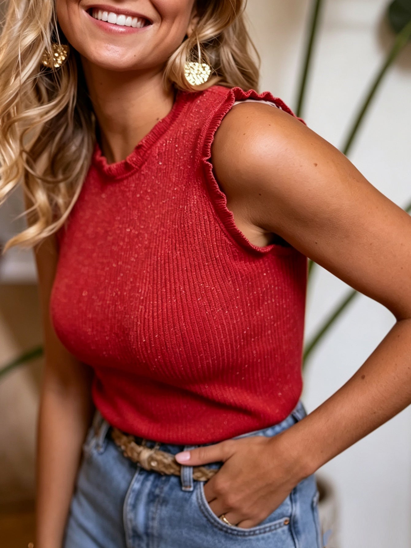 Women's Ribbed Stretchy Sleeveless Tank Top – Wide Strap Crew Neck