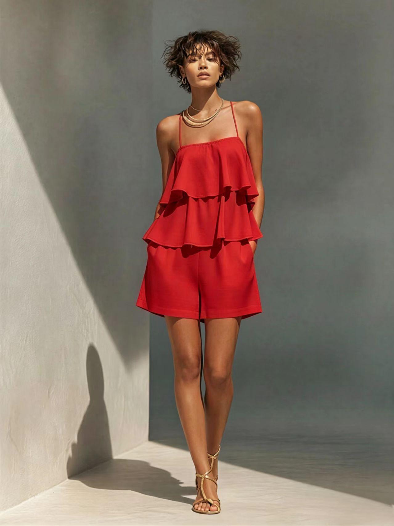 Women's Multi-Layer Ruffle Camisole & Shorts Set