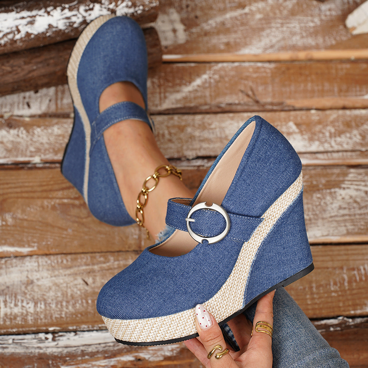 Women's Platform Wedge Pumps | Round-Toe Buckle Waterproof Thick Sole Shoes in Black & Blue | EU 36–43