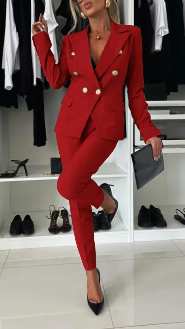 Double-Breasted Lapel Blazer & Zip-Up Trousers Suit