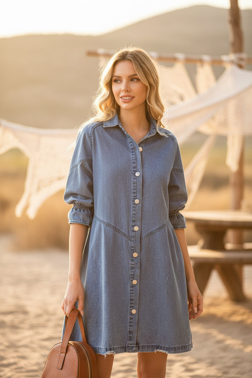 Women's Three-Quarter Sleeve Denim Dress – Ruffle Detail Mid-Length