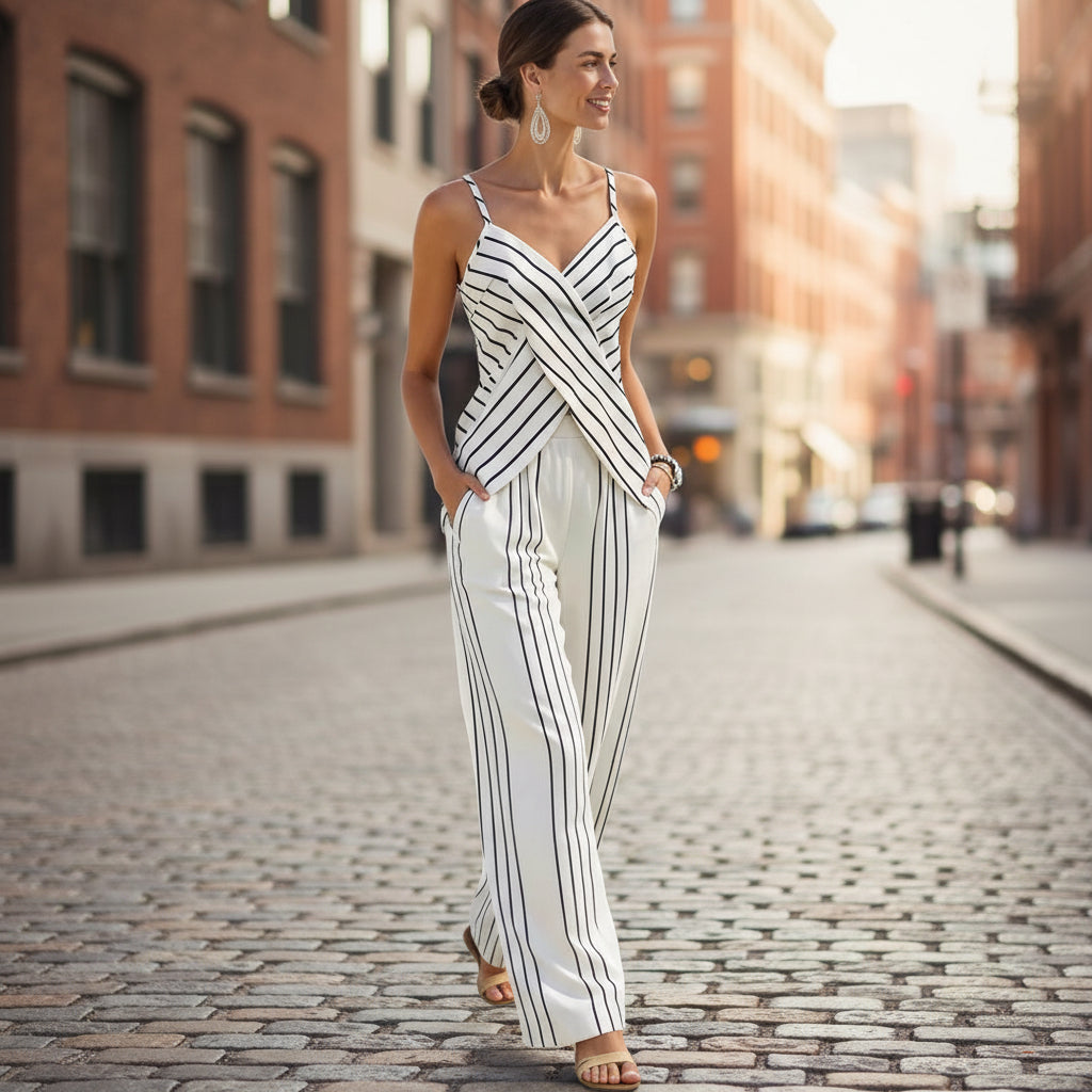 Women's Striped V-Neck Sleeveless Two-Piece Set