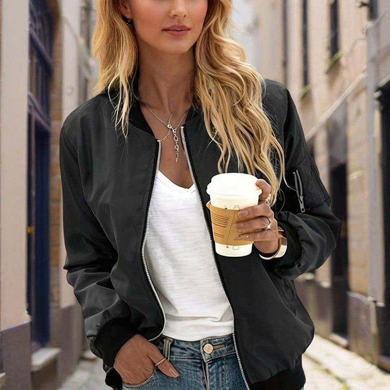 Minimalist Color-Block Stand-Collar Zip Jacket