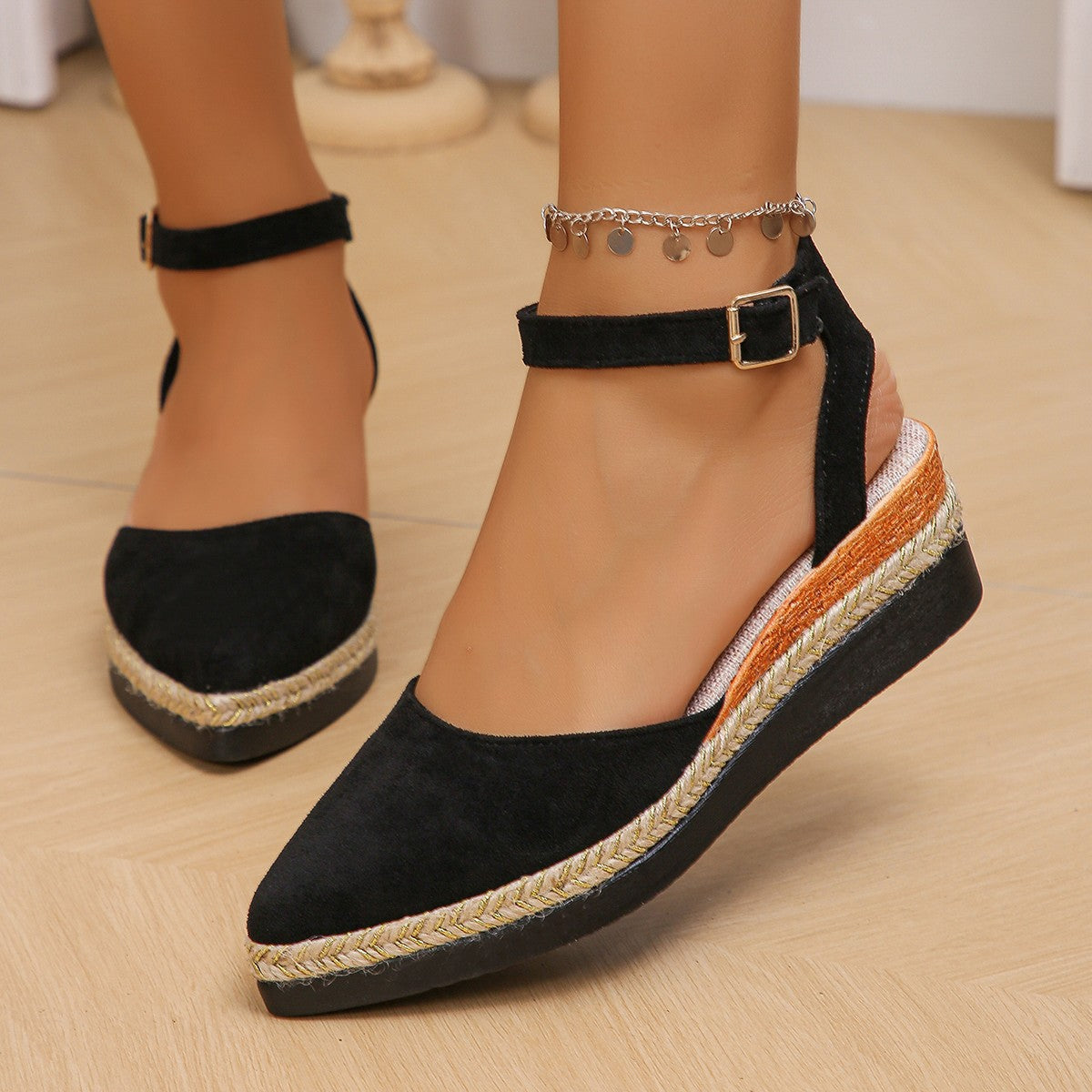 Women's Pointed Toe Espadrille Wedge Sandals with Ankle Buckle Strap
