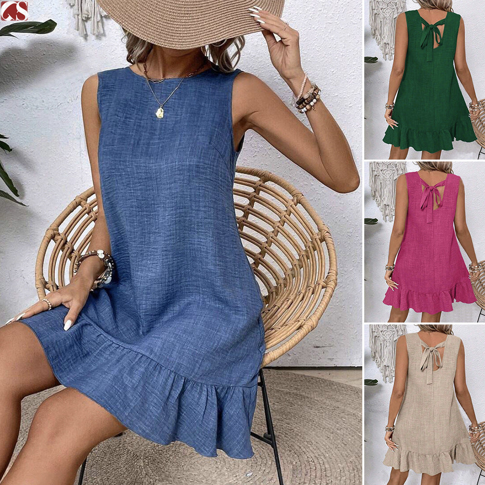 Women's Ruffle Lace-Up Mini Dress – Short Sleeve Loose Beach Dress