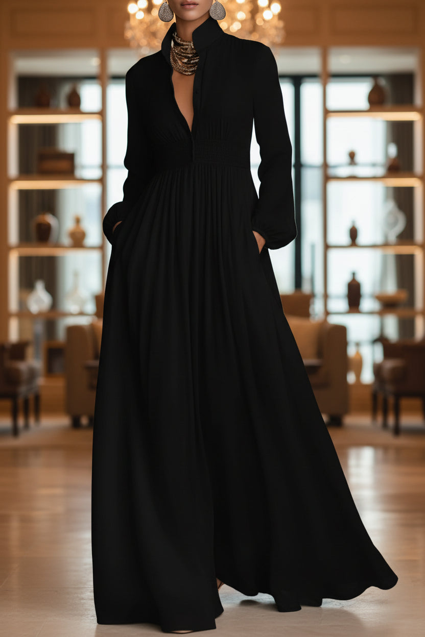 Women's French Style Long Sleeve Pleated A-Line Maxi Dress