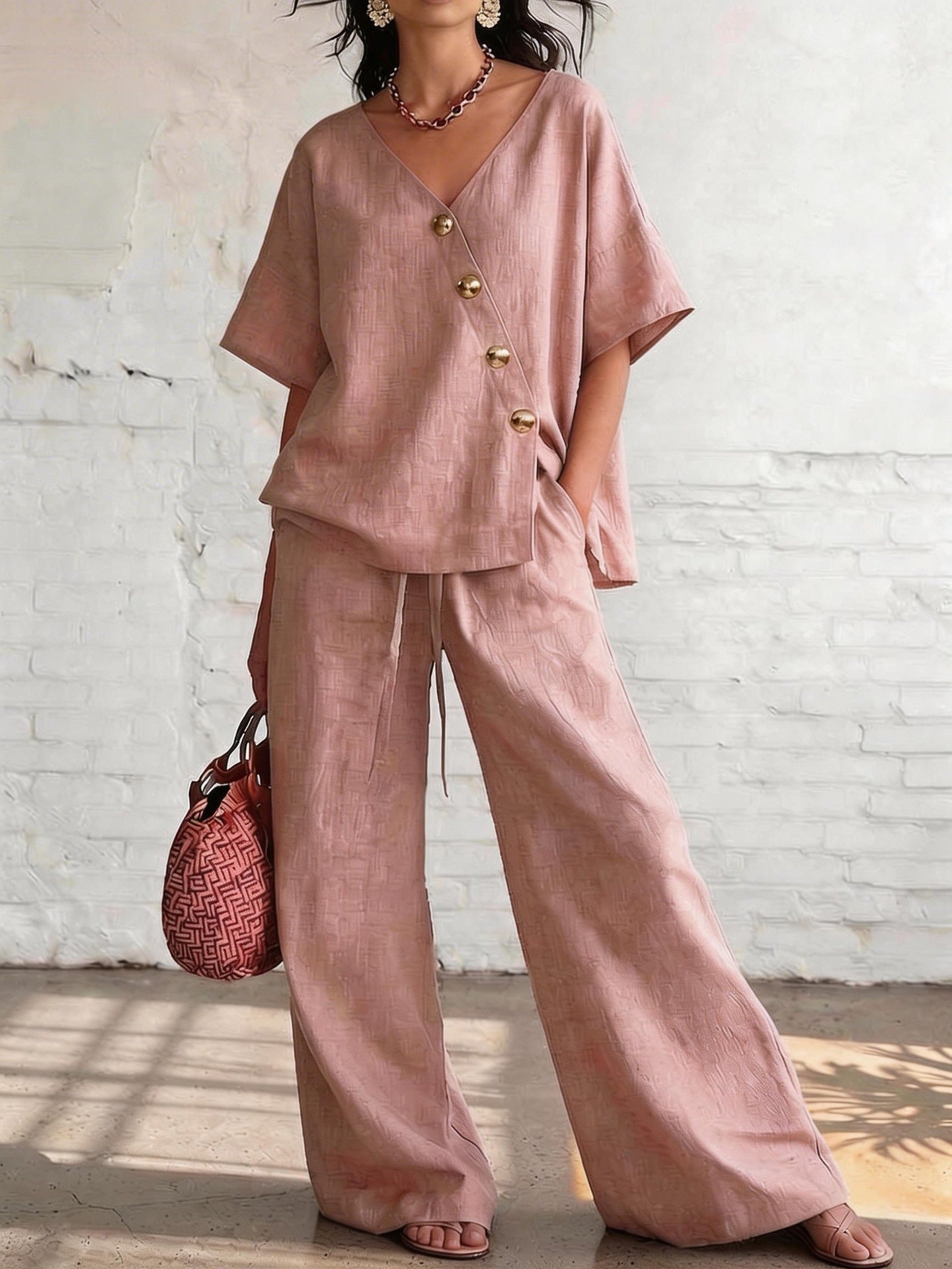 Women's Loose Cotton-Linen V-Neck Top & Wide-Leg Pants Set