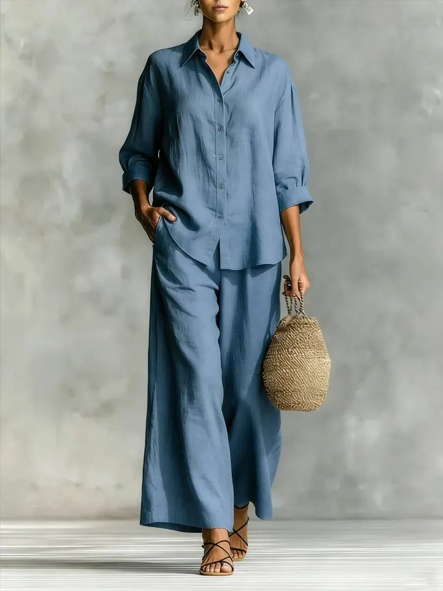 Cotton-Linen Shirt & Wide-Leg Pants Suit – 6 Colors, S–5XL